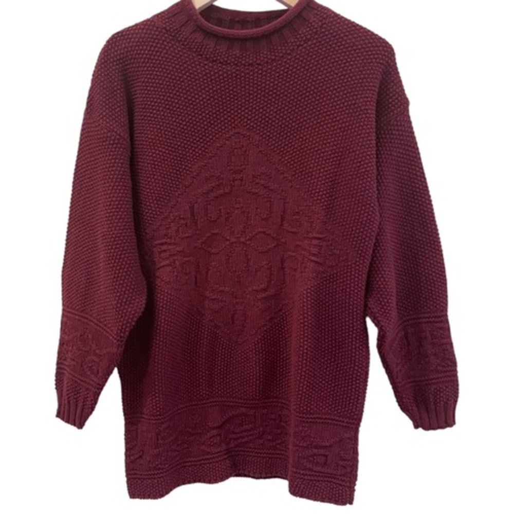 Vintage Hunt Club Maroon Knit Mock Neck‎ Oversized Pullover Fisherman Sweater PS - Picture 2 of 8